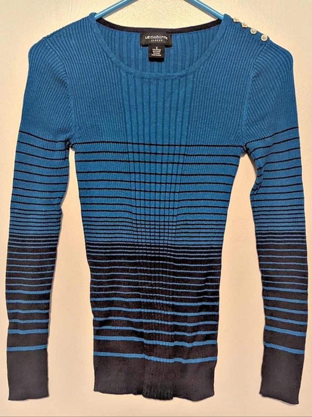 Liz Claiborne Striped Crew Neck Sweater in Blue & Black Size Small